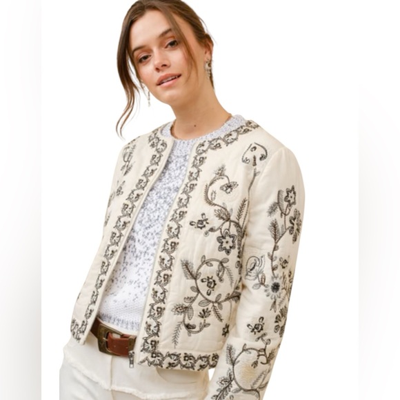NEW blue b Miranda Cream Black Mixed Floral Embroidered Zip Up Quilted Jacket S - Picture 3 of 6